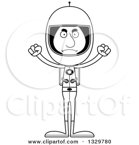 Lineart Clipart of a Cartoon Black and White Angry Tall Skinny Hispanic Man Astronaut - Royalty Free Outline Vector Illustration by Cory Thoman