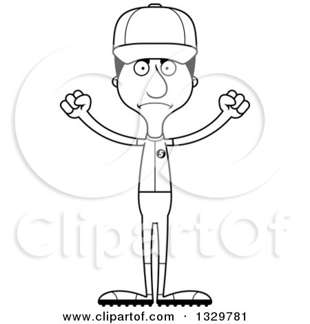 Lineart Clipart of a Cartoon Black and White Angry Tall Skinny Hispanic Man Baseball Player - Royalty Free Outline Vector Illustration by Cory Thoman