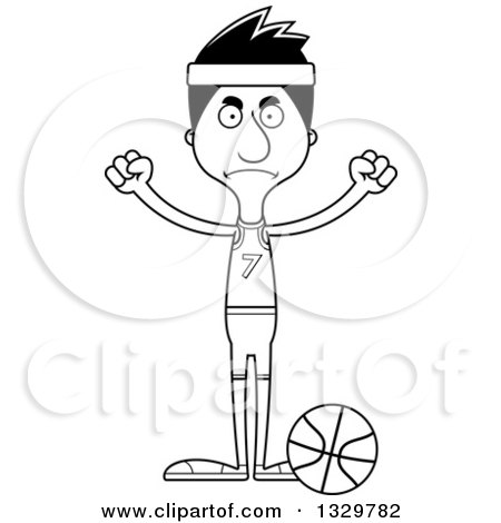 Lineart Clipart of a Cartoon Black and White Angry Tall Skinny Hispanic Man Basketball Player - Royalty Free Outline Vector Illustration by Cory Thoman