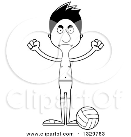 Lineart Clipart of a Cartoon Black and White Angry Tall Skinny Hispanic Man Beach Volleyball Player - Royalty Free Outline Vector Illustration by Cory Thoman