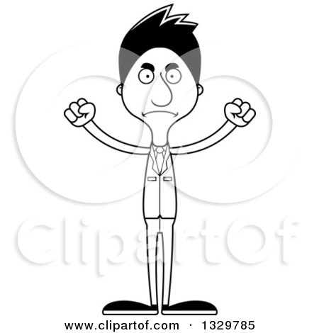 Lineart Clipart of a Cartoon Black and White Angry Tall Skinny Hispanic Business Man - Royalty Free Outline Vector Illustration by Cory Thoman