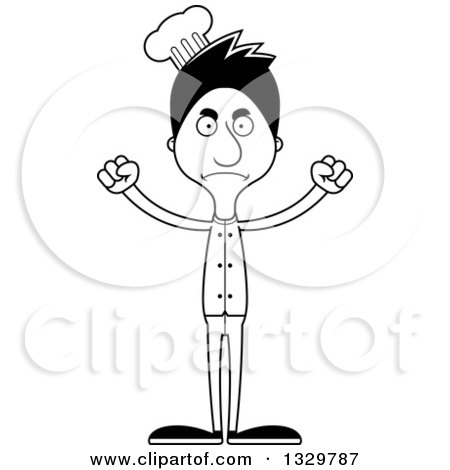Lineart Clipart of a Cartoon Black and White Angry Tall Skinny Hispanic Man Chef - Royalty Free Outline Vector Illustration by Cory Thoman