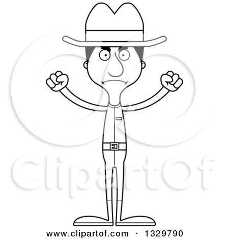 Lineart Clipart of a Cartoon Black and White Angry Tall Skinny Hispanic Cowboy Man - Royalty Free Outline Vector Illustration by Cory Thoman