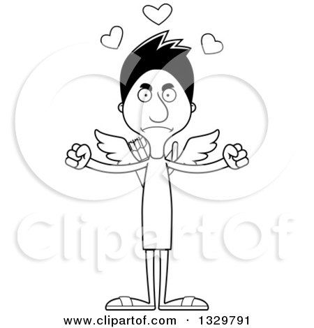 Lineart Clipart of a Cartoon Black and White Angry Tall Skinny Hispanic Cupid Man - Royalty Free Outline Vector Illustration by Cory Thoman