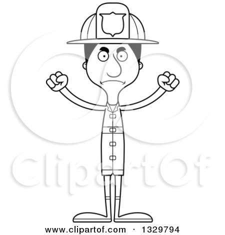 Lineart Clipart of a Cartoon Black and White Angry Tall Skinny Hispanic Man Firefighter - Royalty Free Outline Vector Illustration by Cory Thoman