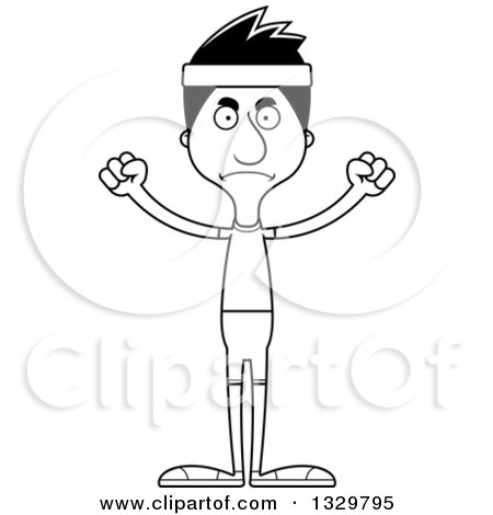 Lineart Clipart of a Cartoon Black and White Angry Tall Skinny Hispanic Fitness Man - Royalty Free Outline Vector Illustration by Cory Thoman