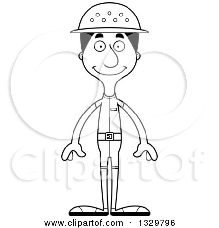 Lineart Clipart of a Cartoon Black and White Happy Tall Skinny Hispanic Man Zookeeper - Royalty Free Outline Vector Illustration by Cory Thoman