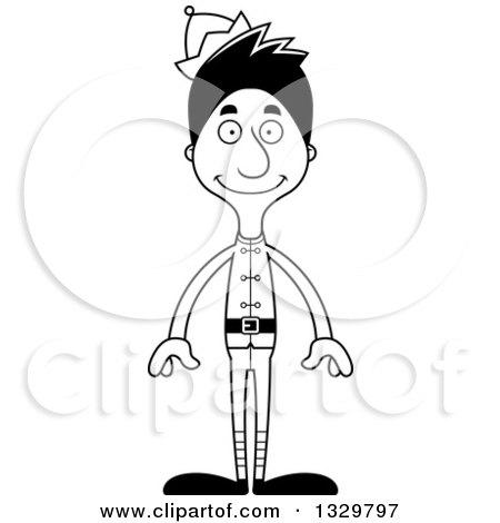 Lineart Clipart of a Cartoon Black and White Happy Tall Skinny Hispanic Christmas Elf Man - Royalty Free Outline Vector Illustration by Cory Thoman