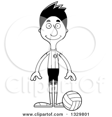 Lineart Clipart of a Cartoon Black and White Happy Tall Skinny Hispanic Man Volleyball Player - Royalty Free Outline Vector Illustration by Cory Thoman