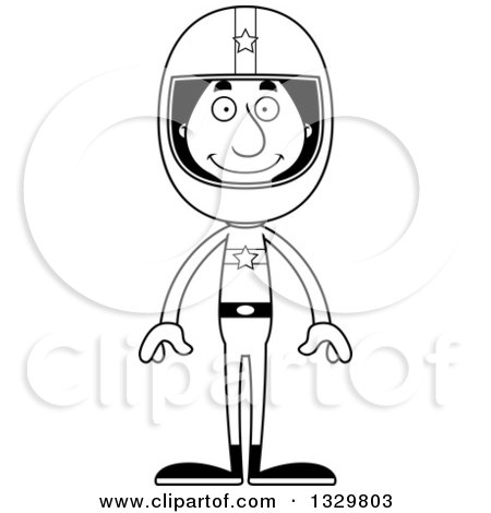 Lineart Clipart of a Cartoon Black and White Happy Tall Skinny Hispanic Race Car Driver Man - Royalty Free Outline Vector Illustration by Cory Thoman
