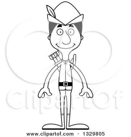 Lineart Clipart of a Cartoon Black and White Happy Tall Skinny Hispanic Robin Hood Man - Royalty Free Outline Vector Illustration by Cory Thoman