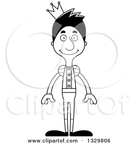 Lineart Clipart of a Cartoon Black and White Happy Tall Skinny Hispanic Man Prince - Royalty Free Outline Vector Illustration by Cory Thoman