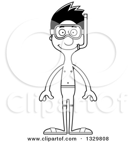 Lineart Clipart of a Cartoon Black and White Happy Tall Skinny Hispanic Man in Snorkel Gear - Royalty Free Outline Vector Illustration by Cory Thoman