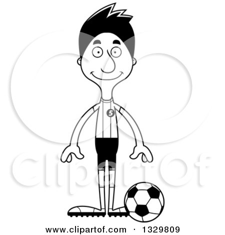 Lineart Clipart of a Cartoon Black and White Happy Tall Skinny Hispanic Man Soccer Player - Royalty Free Outline Vector Illustration by Cory Thoman