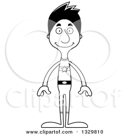 Lineart Clipart of a Cartoon Black and White Happy Tall Skinny Hispanic Super Hero Man - Royalty Free Outline Vector Illustration by Cory Thoman