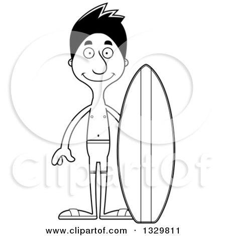 Lineart Clipart of a Cartoon Black and White Happy Tall Skinny Hispanic Man Surfer - Royalty Free Outline Vector Illustration by Cory Thoman