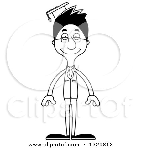 Lineart Clipart of a Cartoon Black and White Happy Tall Skinny Hispanic Man Professor - Royalty Free Outline Vector Illustration by Cory Thoman