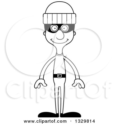 Lineart Clipart of a Cartoon Black and White Happy Tall Skinny Hispanic Man Robber - Royalty Free Outline Vector Illustration by Cory Thoman
