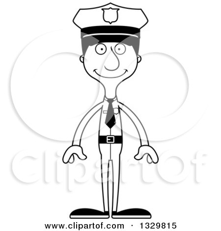 Lineart Clipart of a Cartoon Black and White Happy Tall Skinny Hispanic Man Police Officer - Royalty Free Outline Vector Illustration by Cory Thoman
