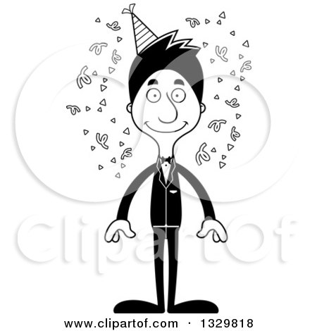 Lineart Clipart of a Cartoon Black and White Happy Tall Skinny Hispanic Party Man - Royalty Free Outline Vector Illustration by Cory Thoman