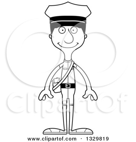 Lineart Clipart of a Cartoon Black and White Happy Tall Skinny Hispanic Mail Man - Royalty Free Outline Vector Illustration by Cory Thoman