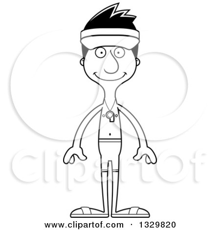 Lineart Clipart of a Cartoon Black and White Happy Tall Skinny Hispanic Man Lifeguard - Royalty Free Outline Vector Illustration by Cory Thoman