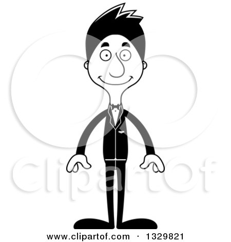 Lineart Clipart of a Cartoon Black and White Happy Tall Skinny Hispanic Man Wedding Groom - Royalty Free Outline Vector Illustration by Cory Thoman