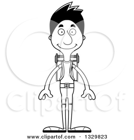 Lineart Clipart of a Cartoon Black and White Happy Tall Skinny Hispanic Man Hiker - Royalty Free Outline Vector Illustration by Cory Thoman