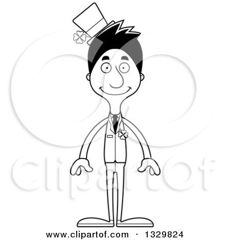 Lineart Clipart of a Cartoon Black and White Happy Tall Skinny Hispanic Irish St Patricks Day Man - Royalty Free Outline Vector Illustration by Cory Thoman