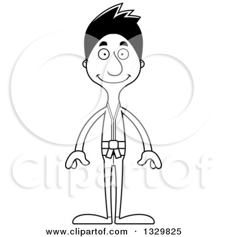 Lineart Clipart of a Cartoon Black and White Happy Tall Skinny Hispanic Karate Man - Royalty Free Outline Vector Illustration by Cory Thoman