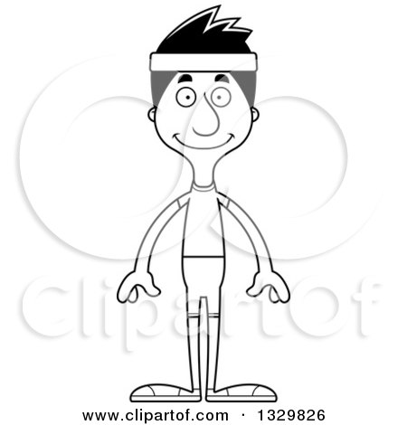 Lineart Clipart of a Cartoon Black and White Happy Tall Skinny Hispanic Fitness Man - Royalty Free Outline Vector Illustration by Cory Thoman