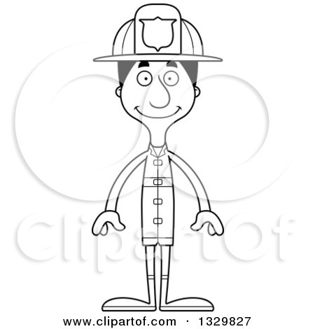 Lineart Clipart of a Cartoon Black and White Happy Tall Skinny Hispanic Man Firefighter - Royalty Free Outline Vector Illustration by Cory Thoman