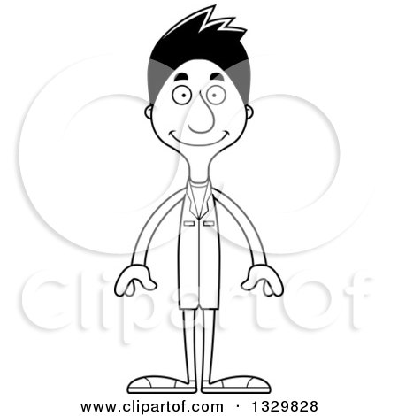 Lineart Clipart of a Cartoon Black and White Happy Tall Skinny Hispanic Man Doctor - Royalty Free Outline Vector Illustration by Cory Thoman