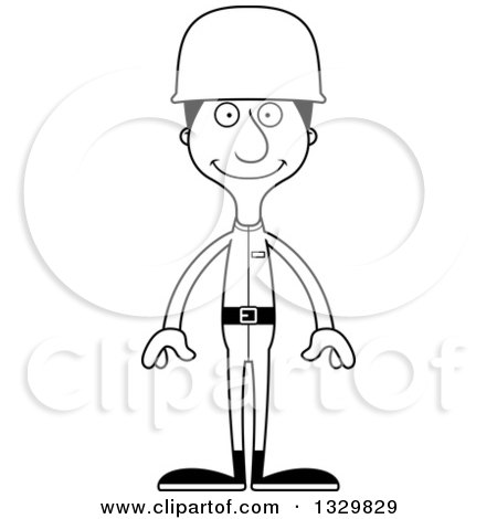 Lineart Clipart of a Cartoon Black and White Happy Tall Skinny Hispanic Man Army Soldier - Royalty Free Outline Vector Illustration by Cory Thoman