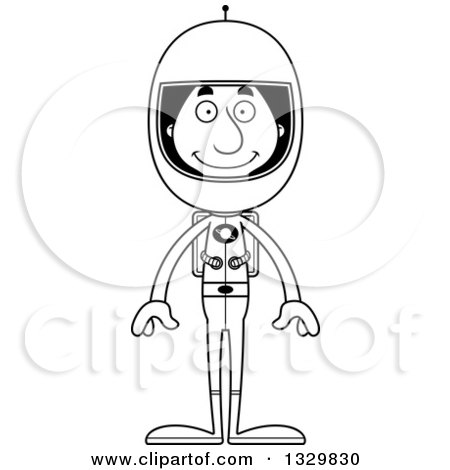 Lineart Clipart of a Cartoon Black and White Happy Tall Skinny Hispanic Man Astronaut - Royalty Free Outline Vector Illustration by Cory Thoman