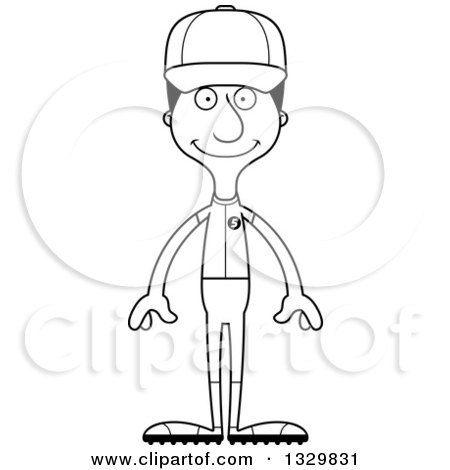 Lineart Clipart of a Cartoon Black and White Happy Tall Skinny Hispanic Man Baseball Player - Royalty Free Outline Vector Illustration by Cory Thoman