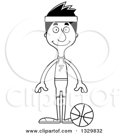 Lineart Clipart of a Cartoon Black and White Happy Tall Skinny Hispanic Man Basketball Player - Royalty Free Outline Vector Illustration by Cory Thoman
