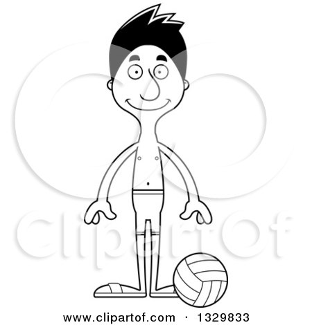 Lineart Clipart of a Cartoon Black and White Happy Tall Skinny Hispanic Man Beach Volleyball Player - Royalty Free Outline Vector Illustration by Cory Thoman