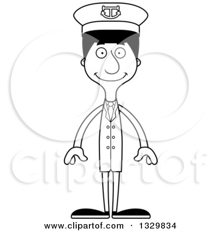Lineart Clipart of a Cartoon Black and White Happy Tall Skinny Hispanic Man Boat Captain - Royalty Free Outline Vector Illustration by Cory Thoman