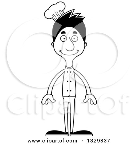 Lineart Clipart of a Cartoon Black and White Happy Tall Skinny Hispanic Man Chef - Royalty Free Outline Vector Illustration by Cory Thoman