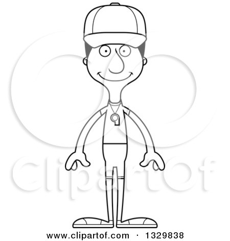 Lineart Clipart of a Cartoon Black and White Happy Tall Skinny Hispanic Man Sports Coach - Royalty Free Outline Vector Illustration by Cory Thoman