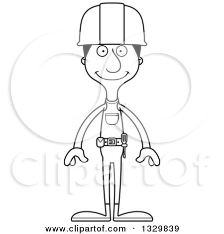 Lineart Clipart of a Cartoon Black and White Happy Tall Skinny Hispanic Man Construction Worker - Royalty Free Outline Vector Illustration by Cory Thoman