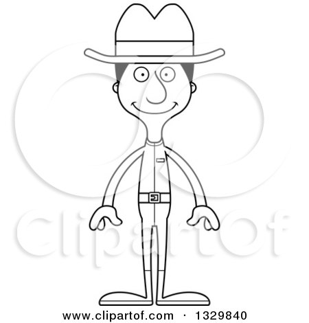 Lineart Clipart of a Cartoon Black and White Happy Tall Skinny Hispanic Cowboy Man - Royalty Free Outline Vector Illustration by Cory Thoman