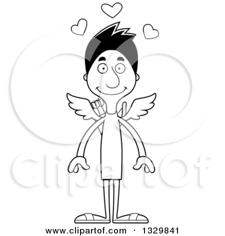 Lineart Clipart of a Cartoon Black and White Happy Tall Skinny Hispanic Cupid Man - Royalty Free Outline Vector Illustration by Cory Thoman