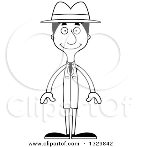 Lineart Clipart of a Cartoon Black and White Happy Tall Skinny Hispanic Man Detective - Royalty Free Outline Vector Illustration by Cory Thoman