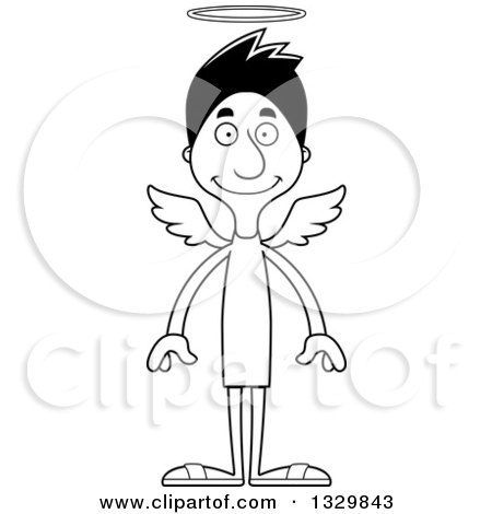 Lineart Clipart of a Cartoon Black and White Happy Tall Skinny Hispanic Man Angel - Royalty Free Outline Vector Illustration by Cory Thoman