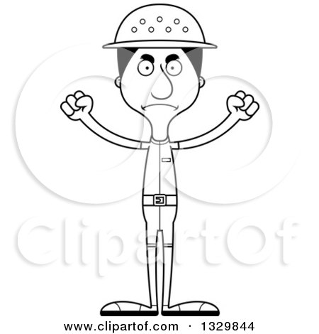 Lineart Clipart of a Cartoon Black and White Angry Tall Skinny Hispanic Man Zookeeper - Royalty Free Outline Vector Illustration by Cory Thoman