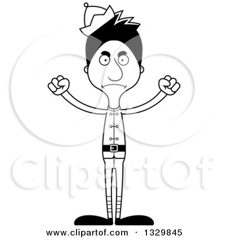 Lineart Clipart of a Cartoon Black and White Angry Tall Skinny Hispanic Christmas Elf Man - Royalty Free Outline Vector Illustration by Cory Thoman