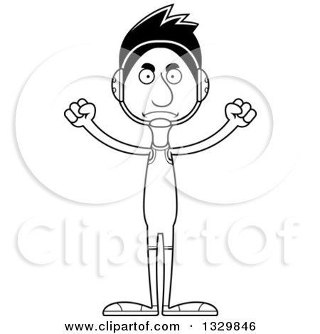 Lineart Clipart of a Cartoon Black and White Angry Tall Skinny Hispanic Man Wrestler - Royalty Free Outline Vector Illustration by Cory Thoman