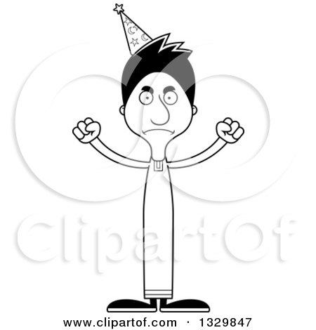 Lineart Clipart of a Cartoon Black and White Angry Tall Skinny Hispanic Wizard Man - Royalty Free Outline Vector Illustration by Cory Thoman